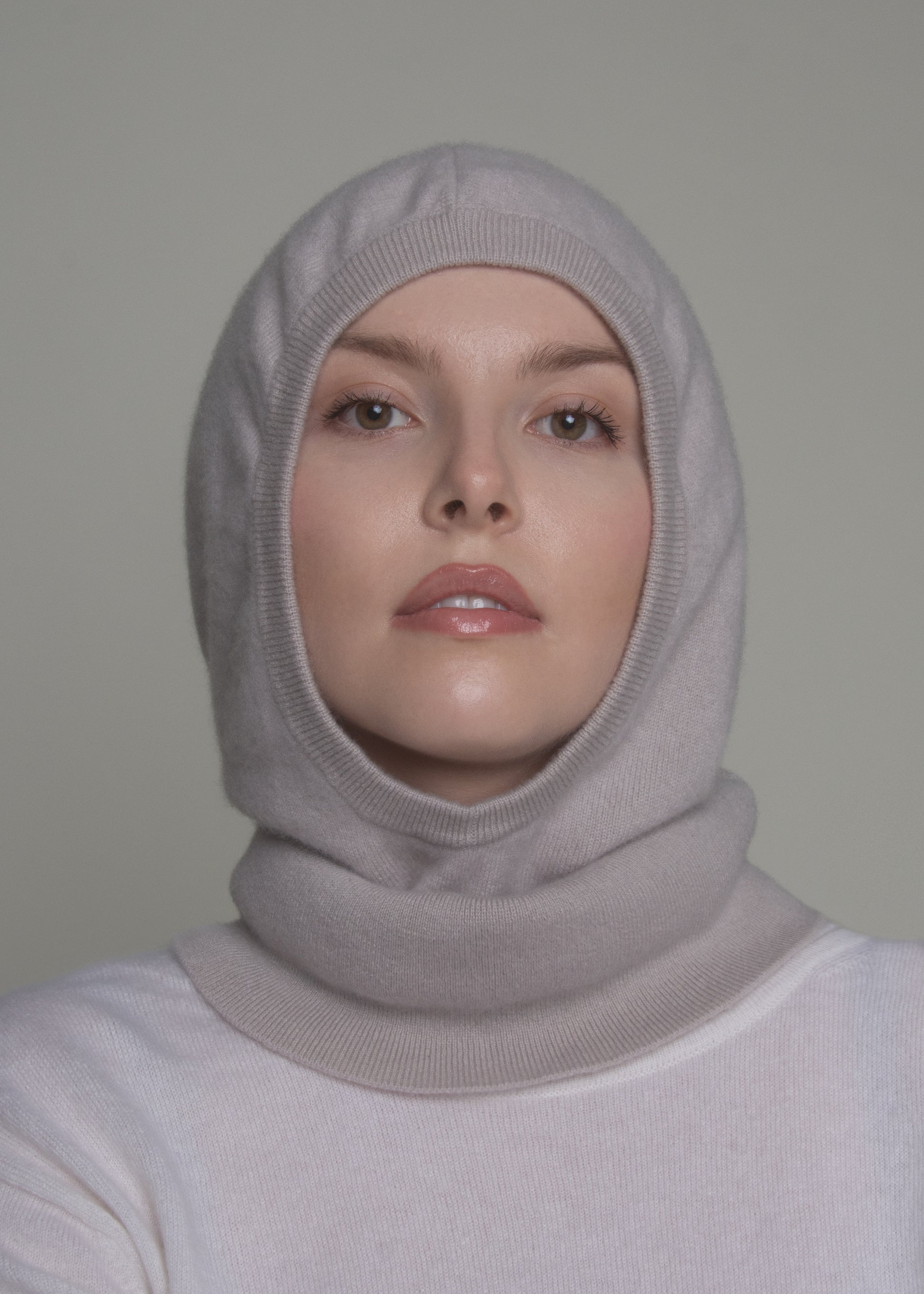 front view of light cashmere balaclava hood and neck warmer