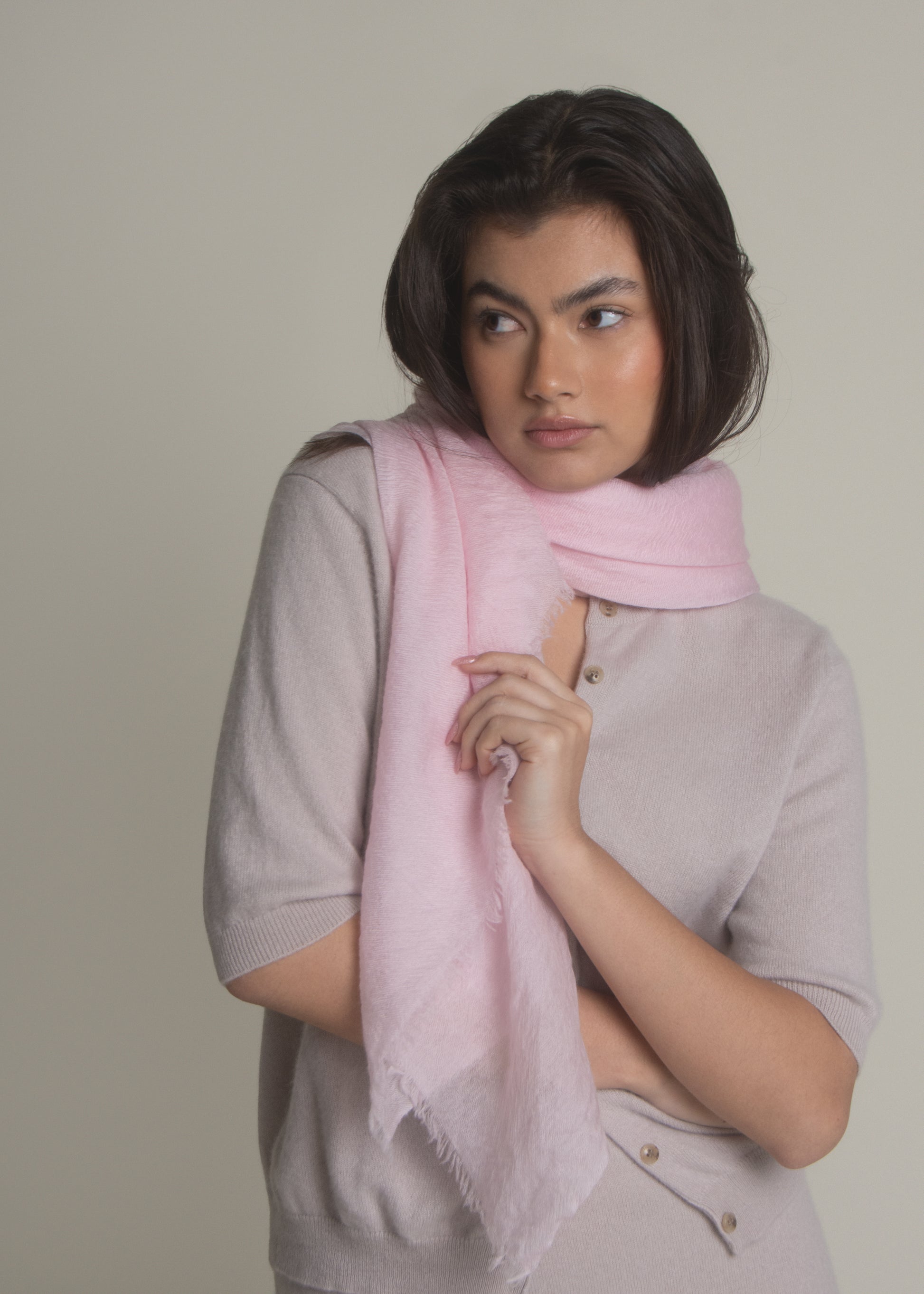 pink ultralight cashmere shawl styled as soft scarf