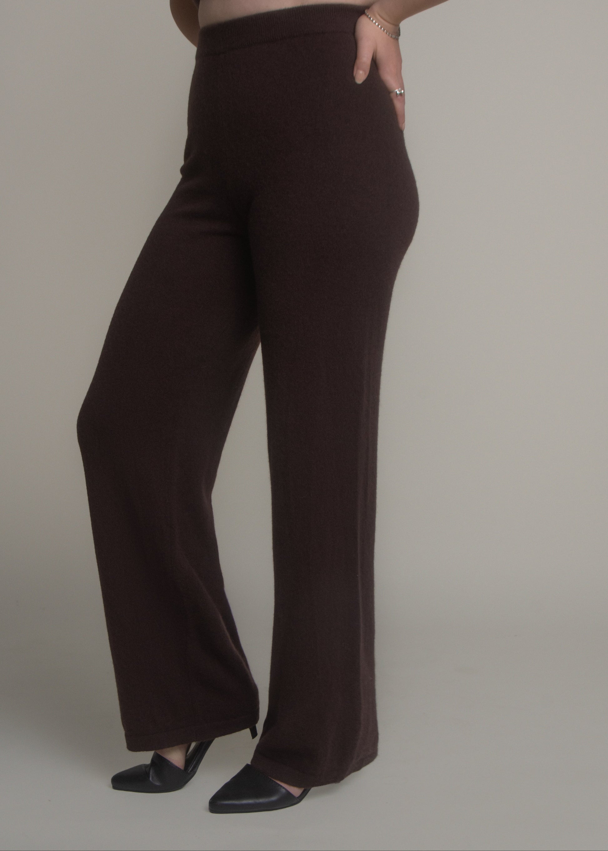 close-up of high waisted wide leg cashmere pants and waistband