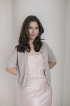 short sleeve crew neck cashmere cardigan 
beige women by Fiora Muse