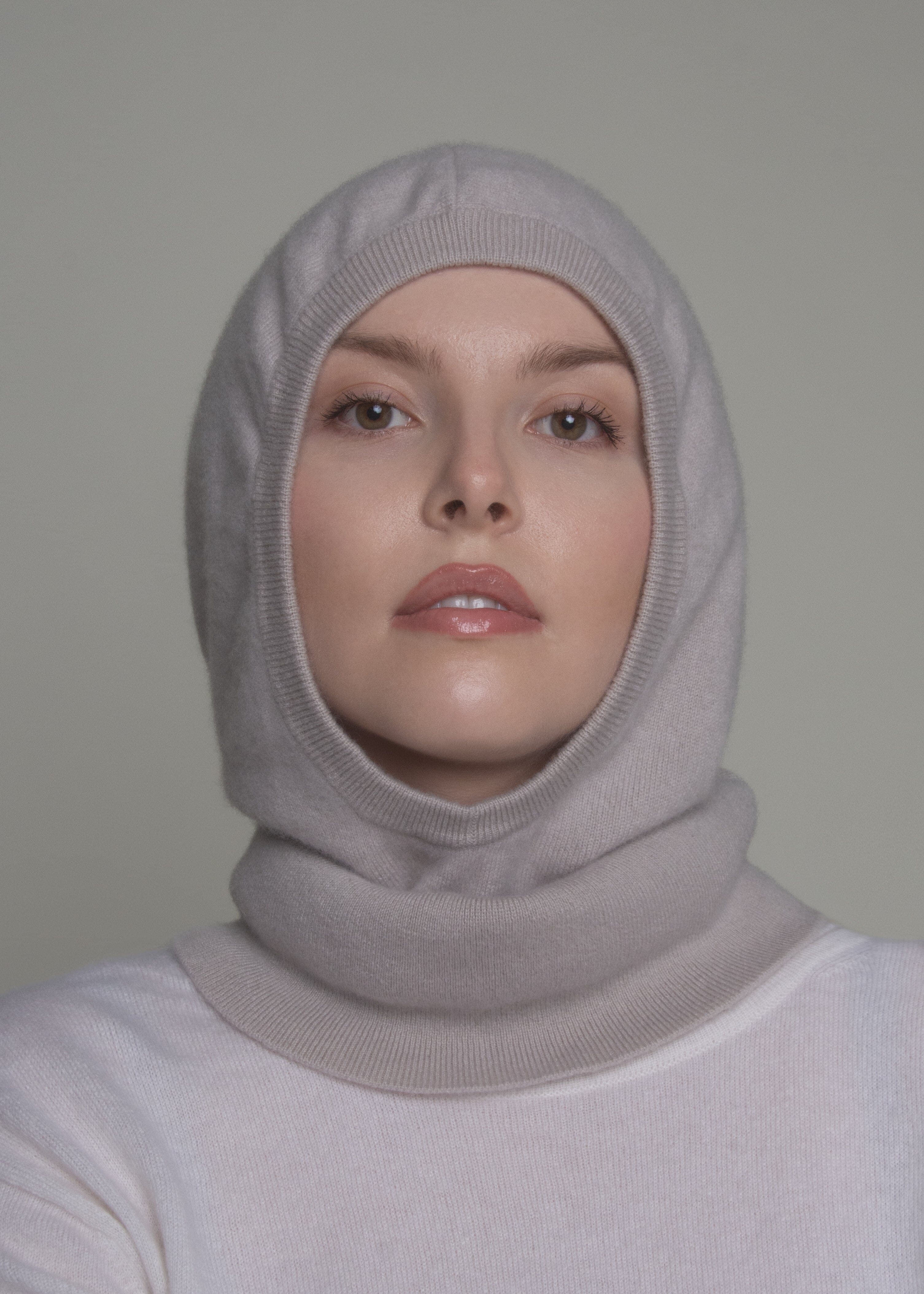 front view of light cashmere balaclava hood and neck warmer