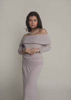 woman wearing beige off-shoulder cashmere sweater front view