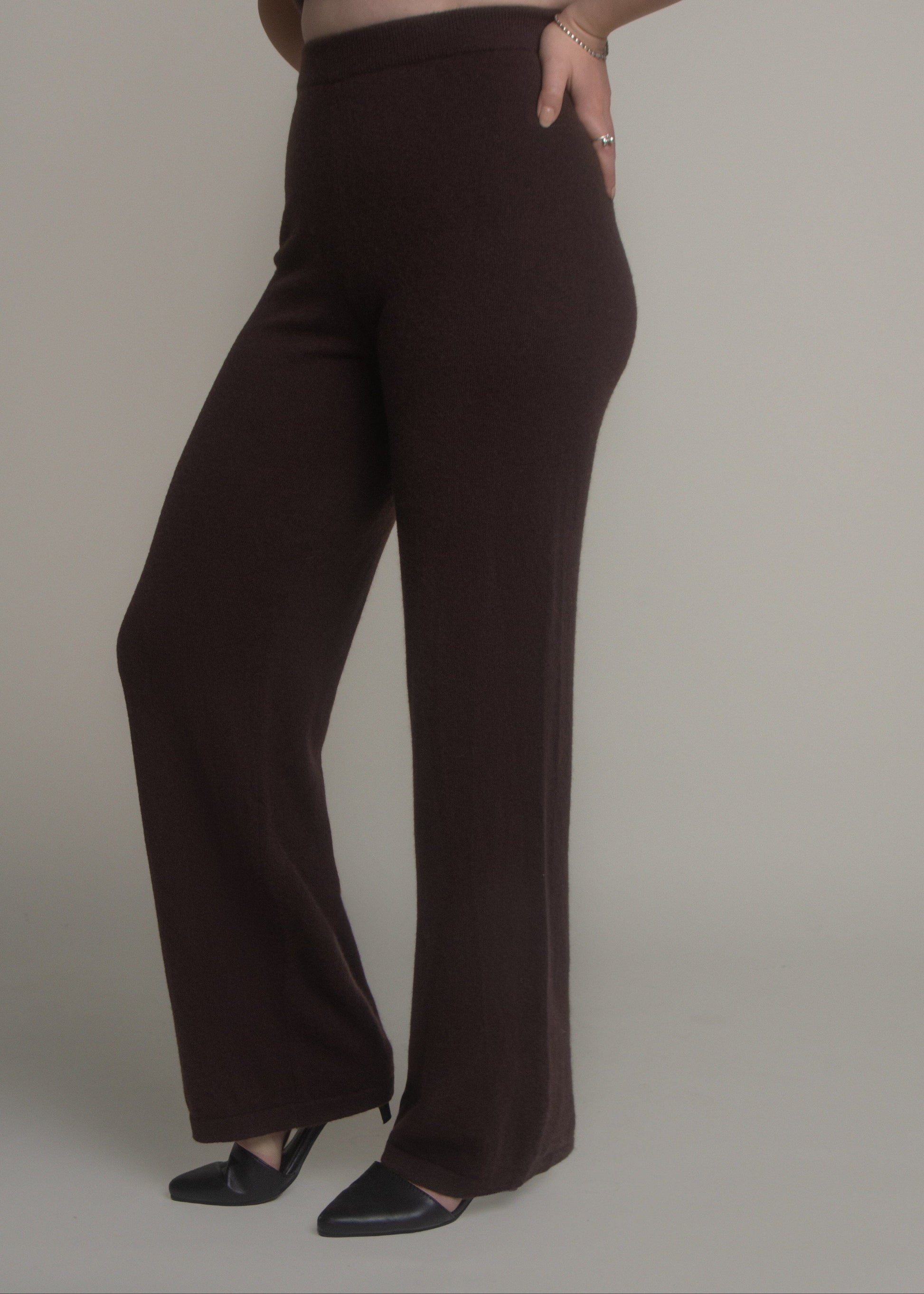 close-up of high waisted wide leg cashmere pants and waistband