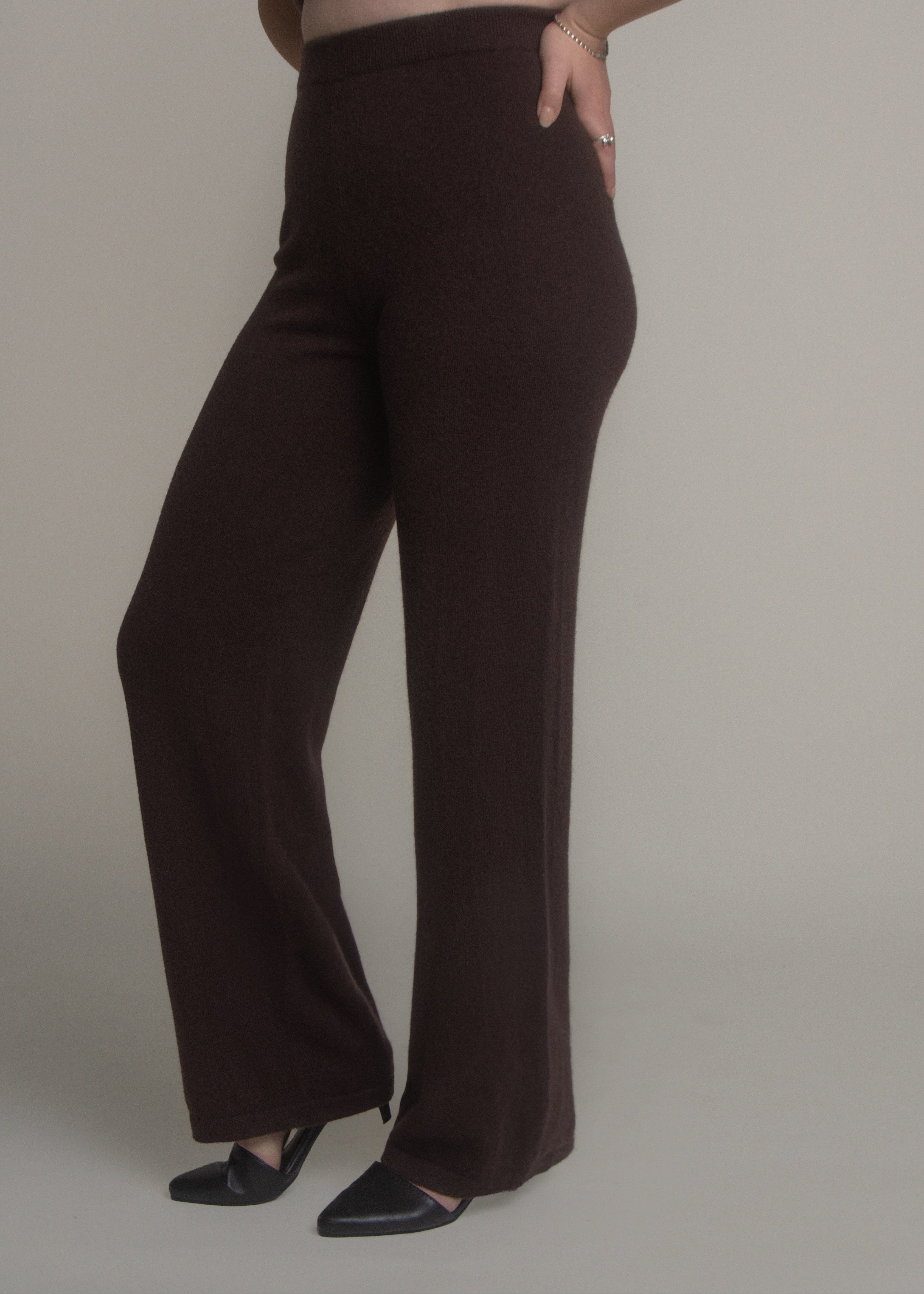 close-up of high waisted wide leg cashmere pants and waistband