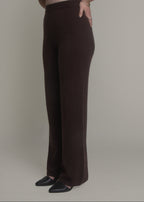 woman wearing dark wide leg cashmere pants front view